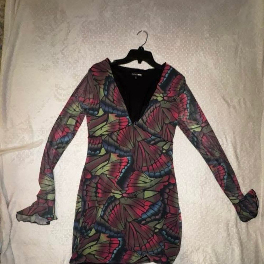 Fashion Nova Multicolor Butterfly Long Sleeve Dress